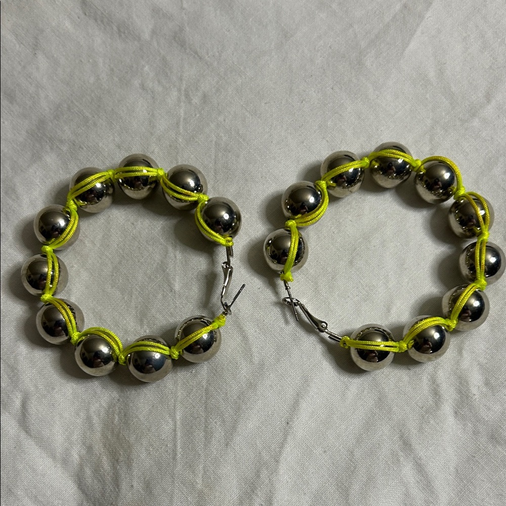 Silver and Neon Yellow Beaded Hoop Earrings